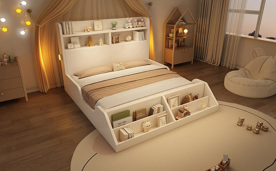 Letto in legno bianco 140x200 cm con contenitori, luci notturne e scaffale libreria removibile
