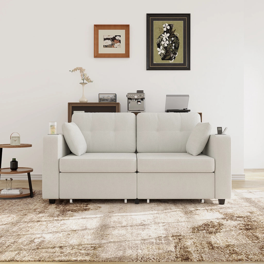 Divano a 2 posti con portabicchieri; vani laterali e USB - in chenille beige