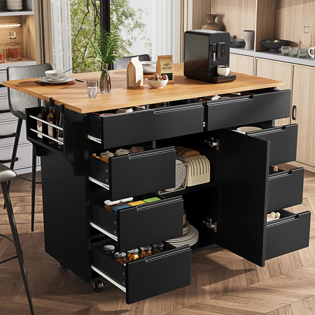 Carrello da cucina con piano ribaltabile 8 cassetti e ruote bloccabili in MDF nero 122 × 46 × 91.5 cm