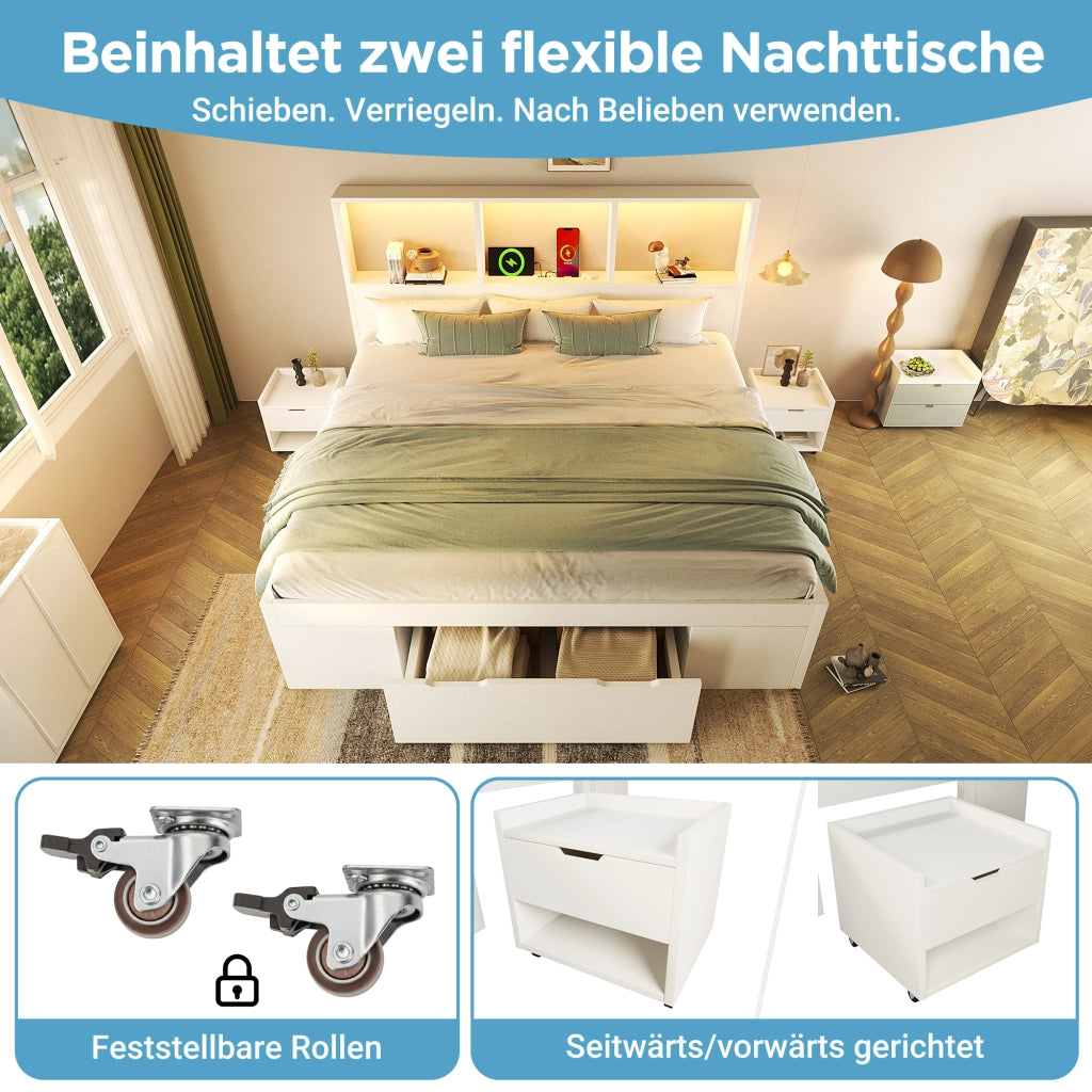 Letto matrimoniale 140 × 190 cm con comodini mobili in legno bianco LED USB Type-C cassetto e ripiani