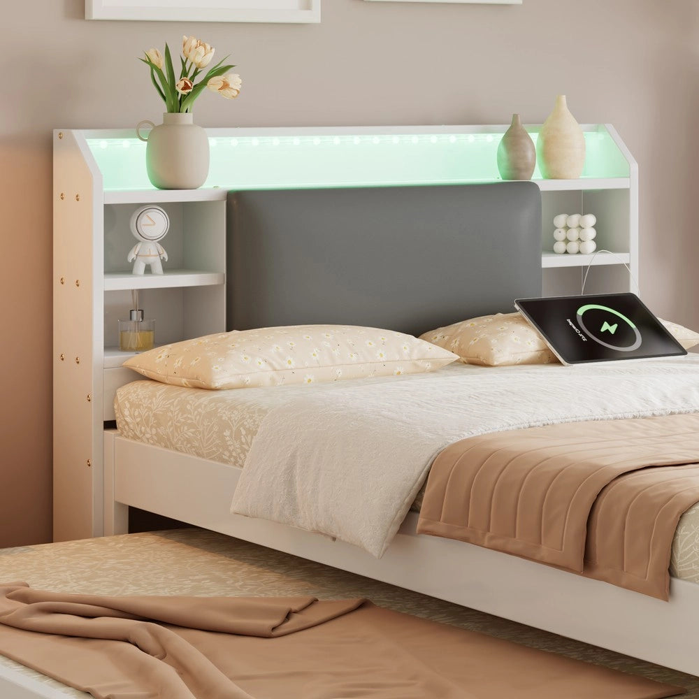 Letto in legno con letto estraibile e testiera imbottita LED ¨C Minimal ¨C Bianco 120x200 cm, letto estraibile 90x190 cm