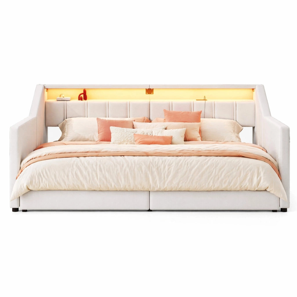 Letto daybed multifunzionale 90 x 200 cm con USB, Type-C, LED e 2 cassetti beige