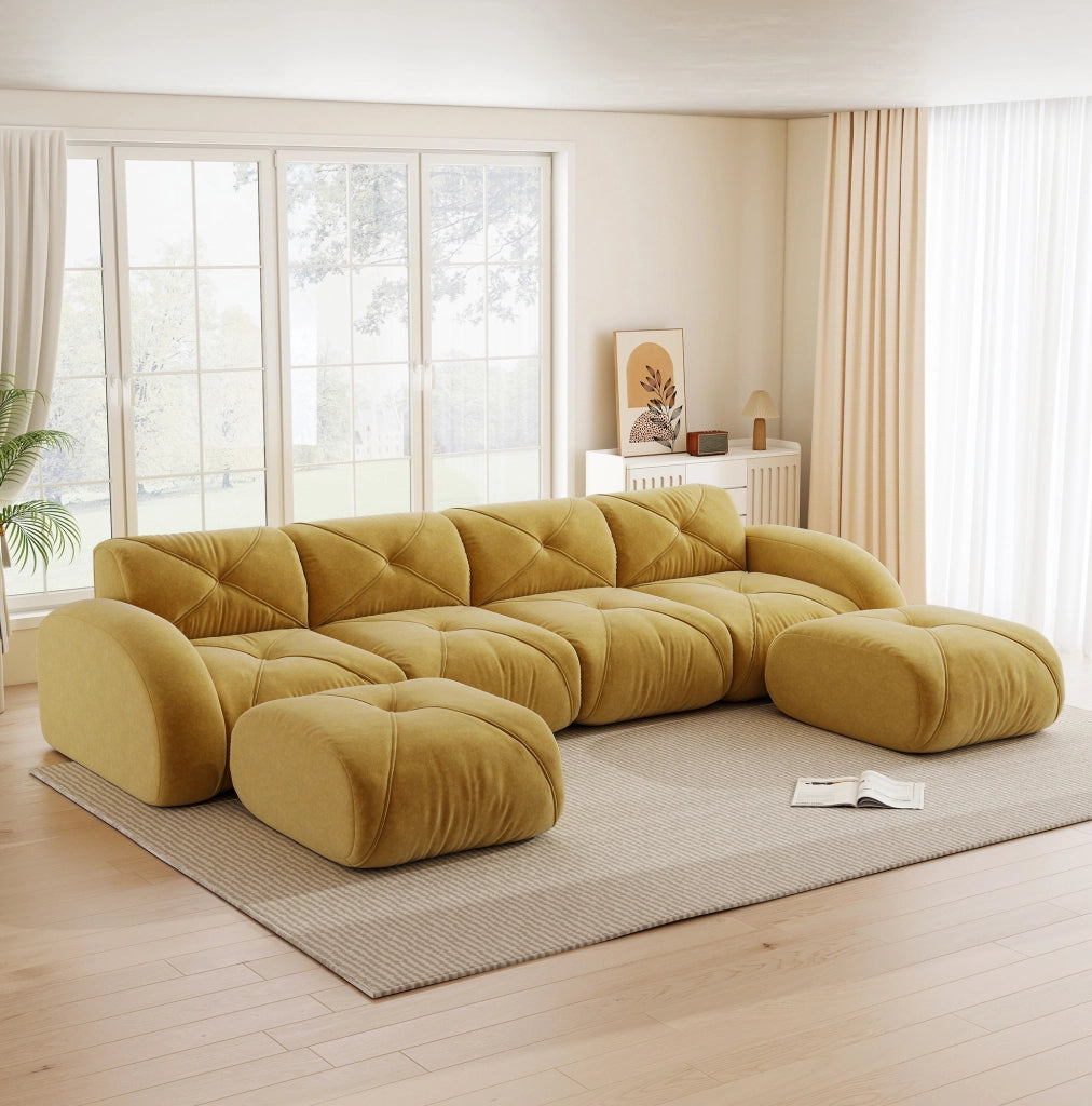 Divano modulare 4 posti 358x171x76 cm in ciniglia gialla con 2 pouf