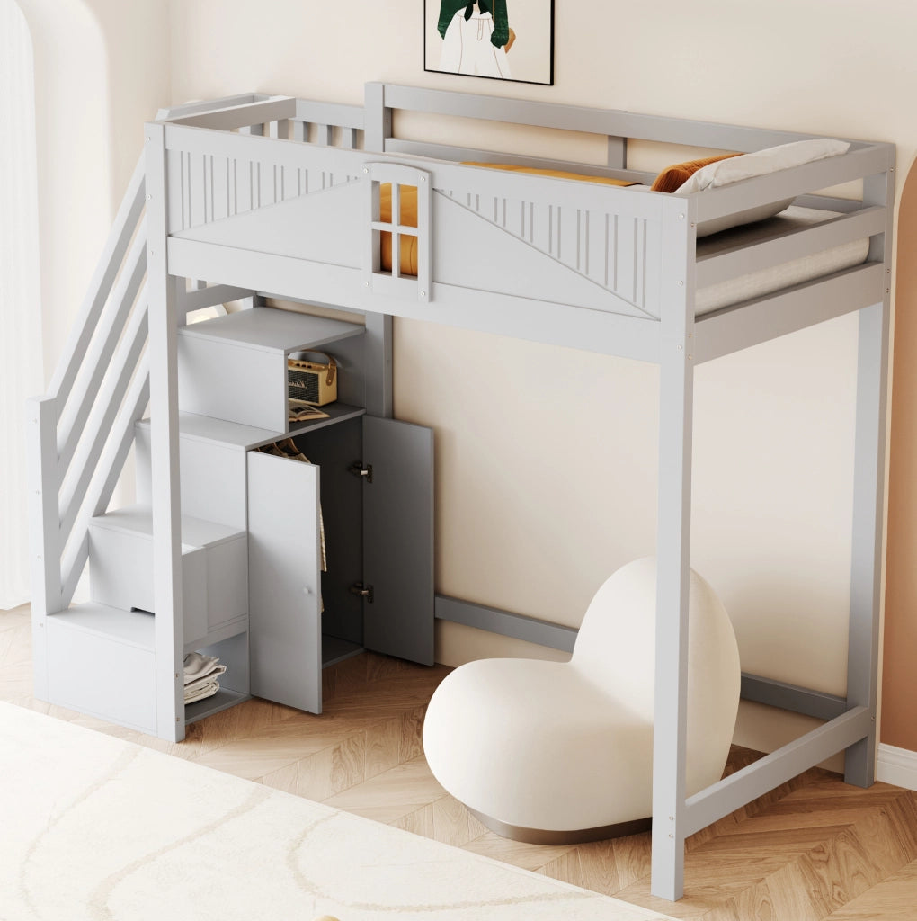Letto a soppalco in legno massiccio 90x200 cm con scala laterale reversibile e pannello di sicurezza con finestra, colore grigio