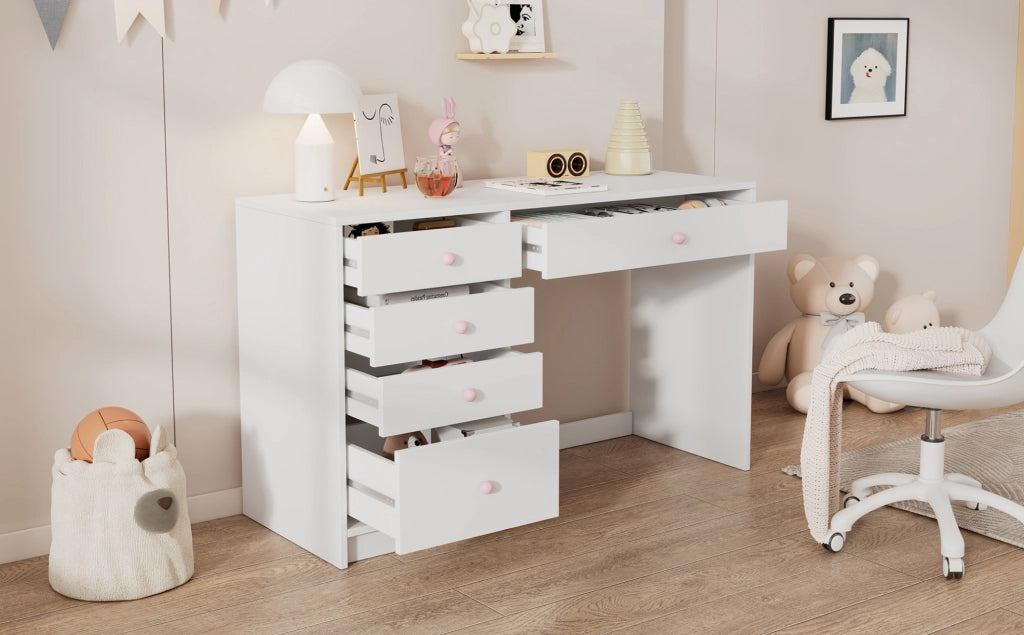 Scrivania bianca 120×45×74 cm con 5 cassetti e maniglie rosa in ceramica, adatta a bambini e adulti