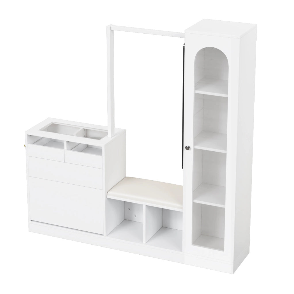 Set guardaroba multifunzionale 6 in 1 con tavolo da toeletta, porta abiti, panca porta scarpe e vetrina con luce LED a colori