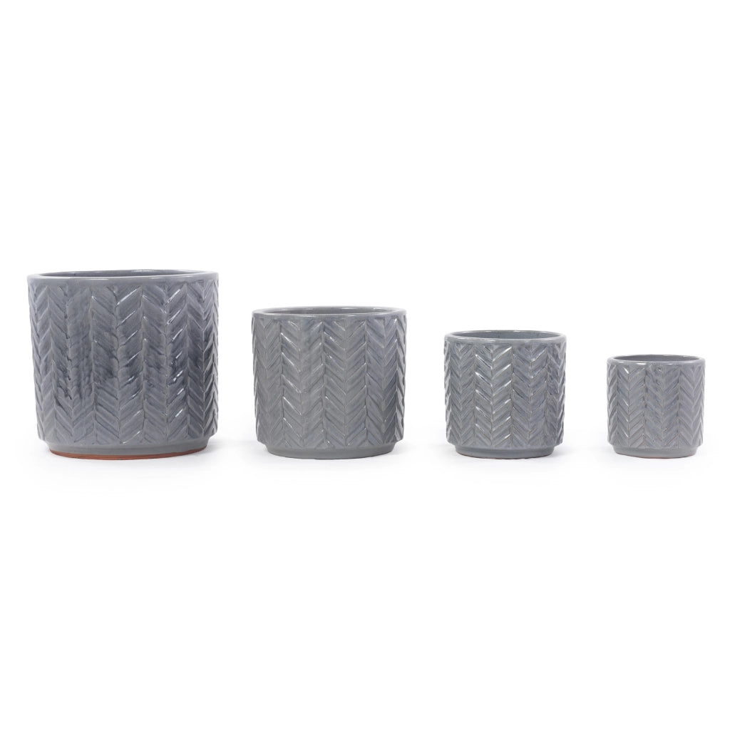 Vaso in ceramica media Ø31,5 cm con rilievo motivo spina di pesce, colore grigio cenere lucido, con foro di drenaggio, resistente al gelo