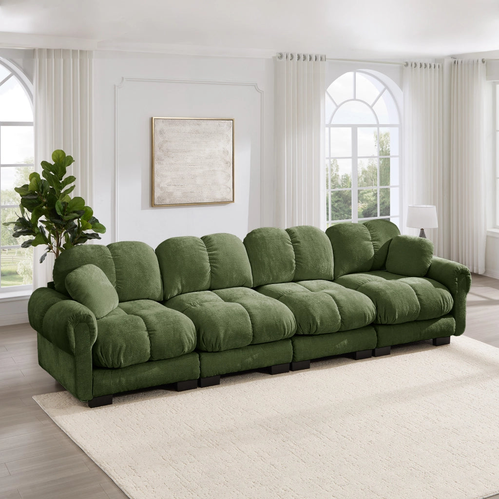 Divano modulare in ciniglia verde con cuscini trapuntati e braccioli curvi 330 × 86 × 90 cm