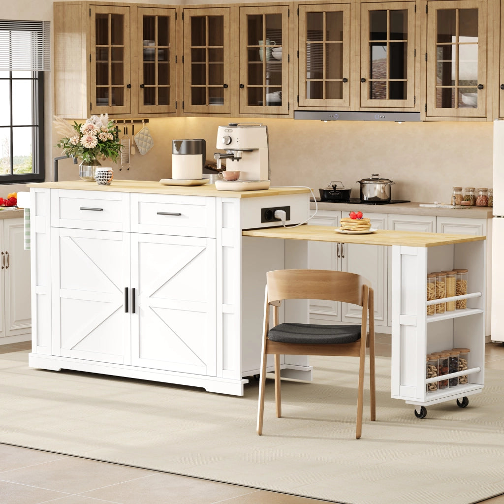Carrello da cucina con piano estraibile, prese e USB, 2 cassetti, doppia anta e ripiano regolabile, bianco e rovere