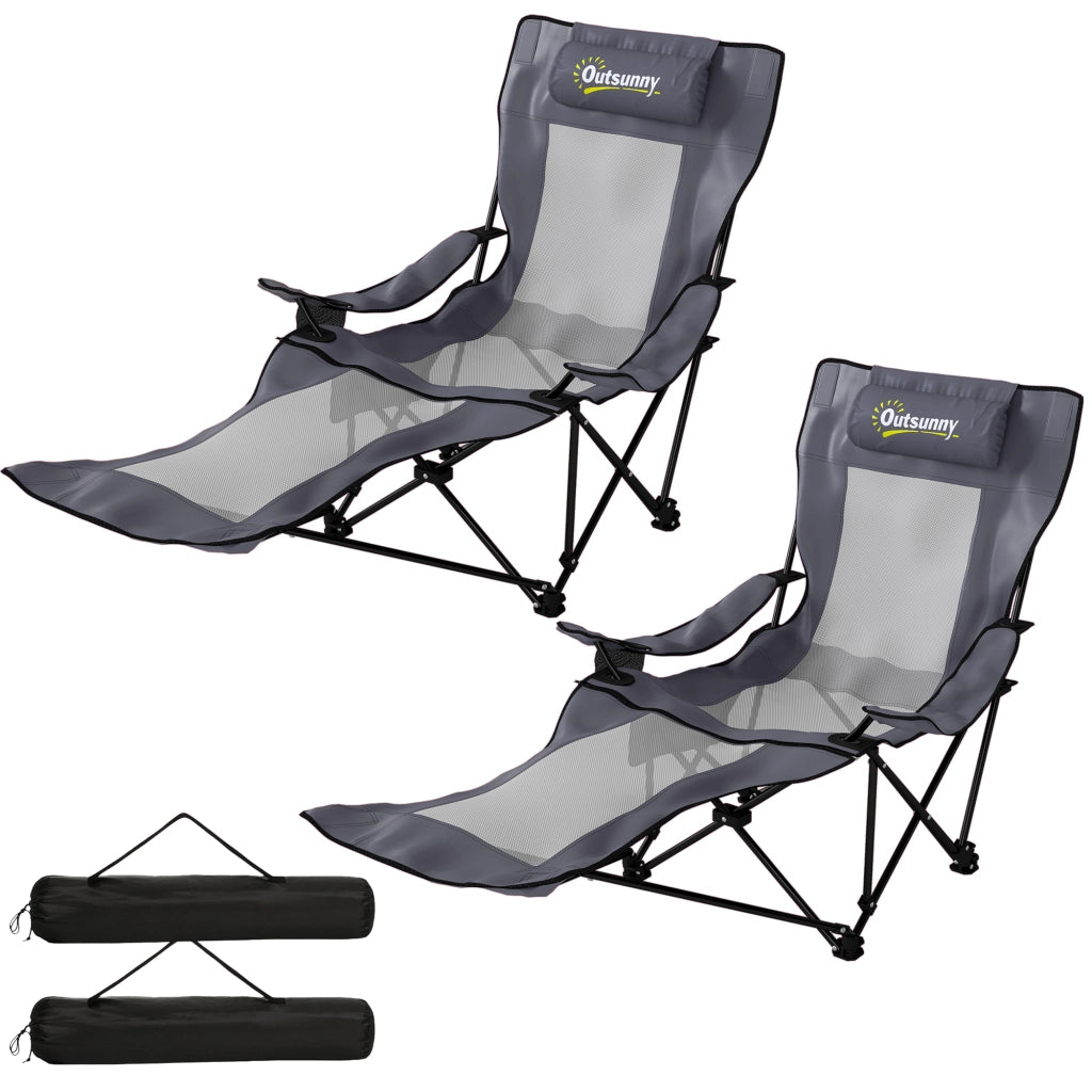 Set 2 Sedie da Campeggio Pieghevoli Grigio Scuro con Schienale Regolabile Poggiapiedi Portabicchieri e Poggiatesta per Giardino Pesca