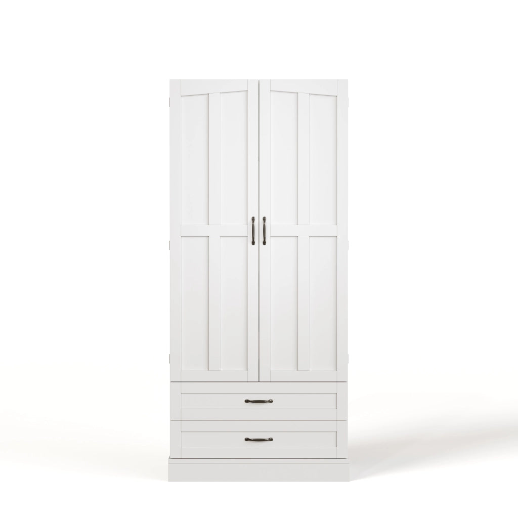 Credenza da cucina alta con 3 ripiani estraibili, 2 cassetti e ripiano regolabile, bianca in MDF, 80 × 37,5 × 180 cm