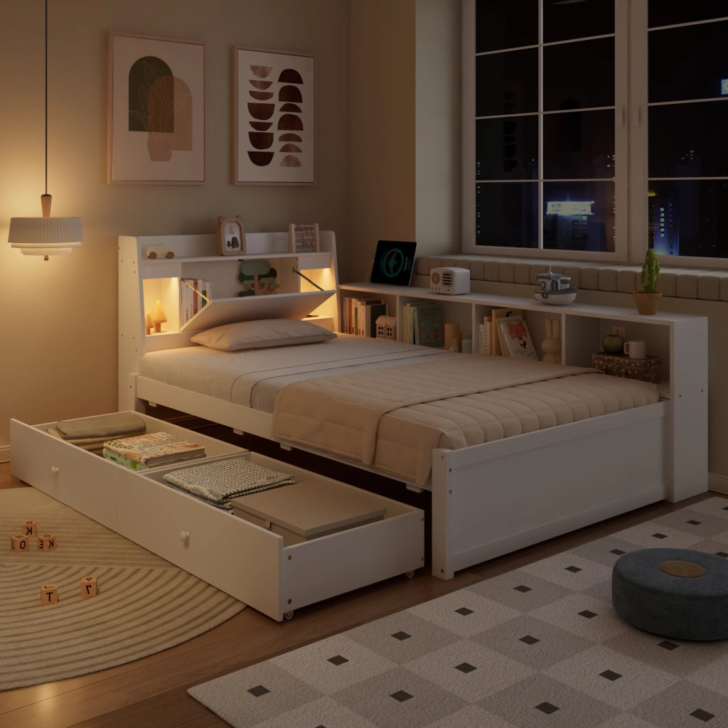 Letto con cassetti 90 × 200 cm con testiera con vano e luci; presa di ricarica; legno MDF bianco