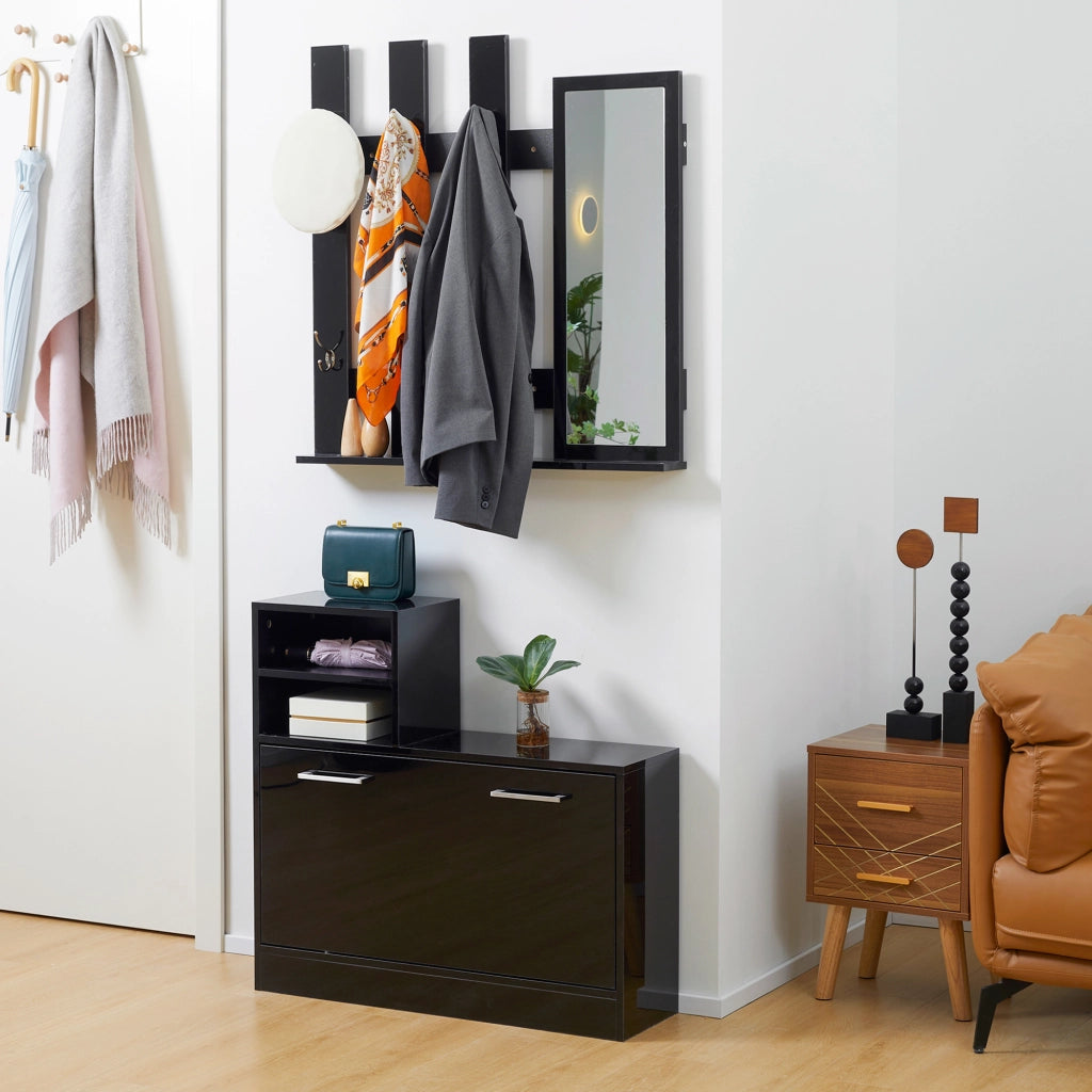 EasyComfort Set Appendi Abiti da Ingresso con Specchio e Scarpiera per 8 Paia di Scarpe, Nero Lucido