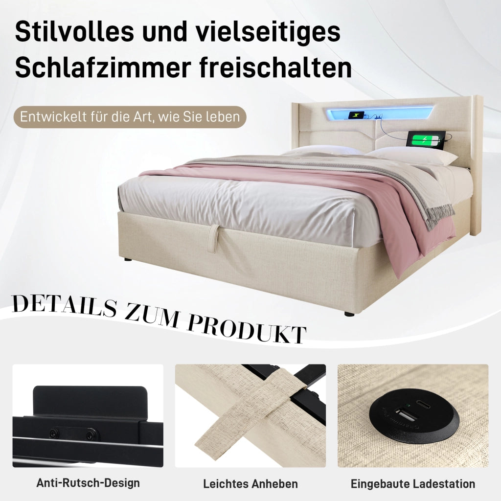 letto imbottito lino beige 160x200 cm