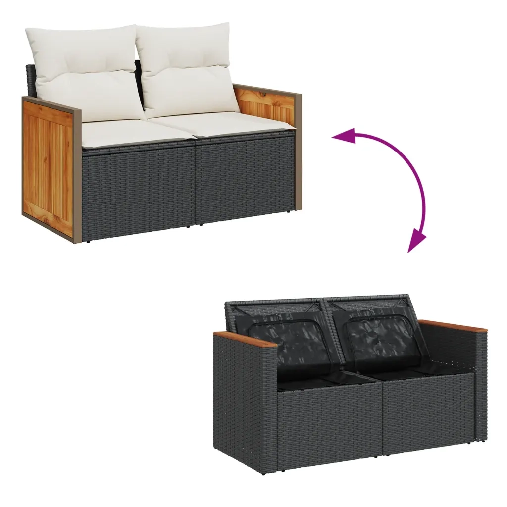 Divano da Giardino con Cuscini a 2 Posti Nero in Polyrattan 366022