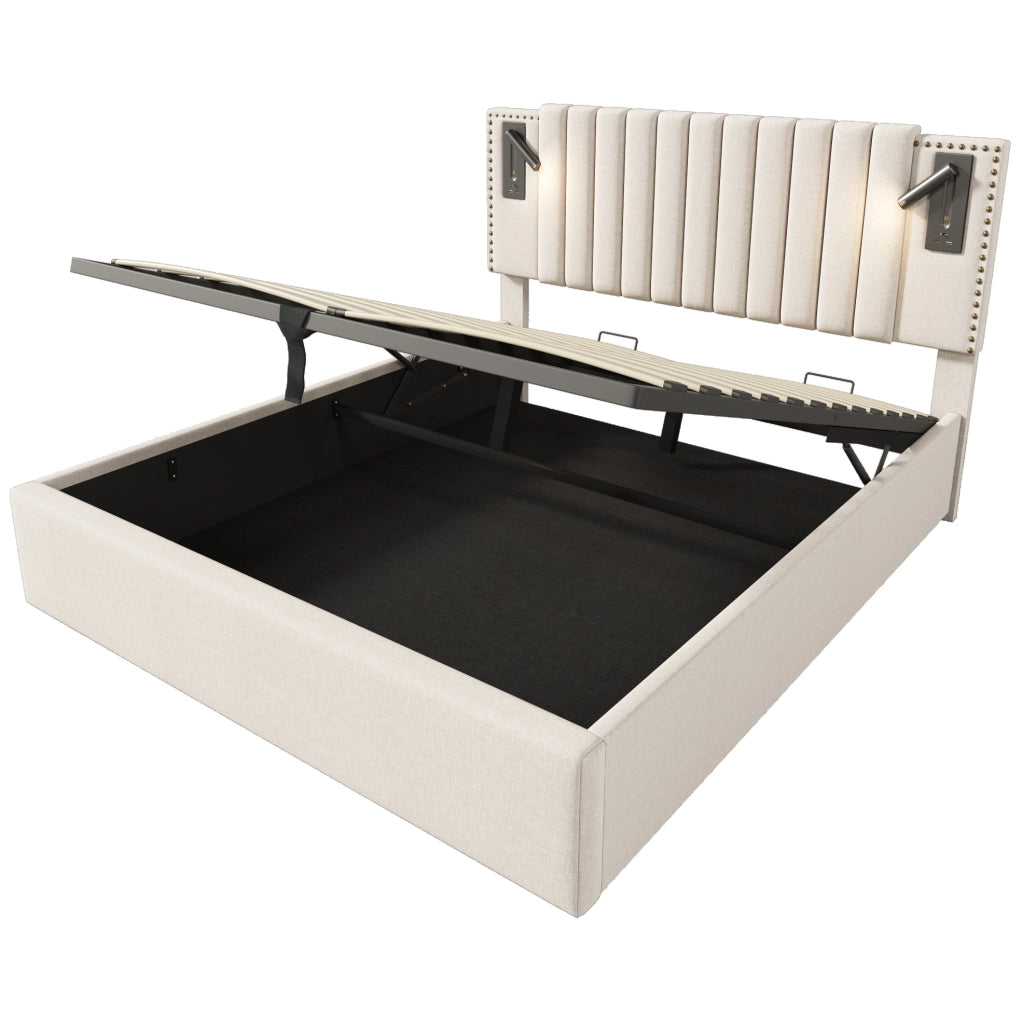 Letto contenitore 140 × 200 cm con luce da lettura e 2 USB + 2 Type-C; cotone beige