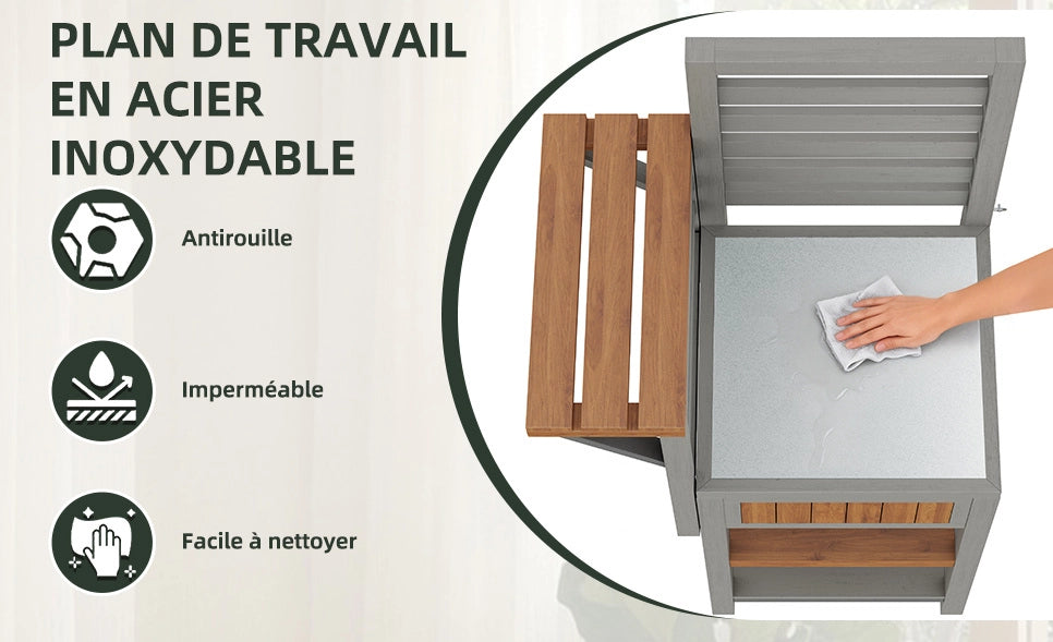 Armadio da giardino in legno massiccio con ripiani doppi e piano in acciaio inox resistente alle intemperie, mobile da esterno per forno e barbecue