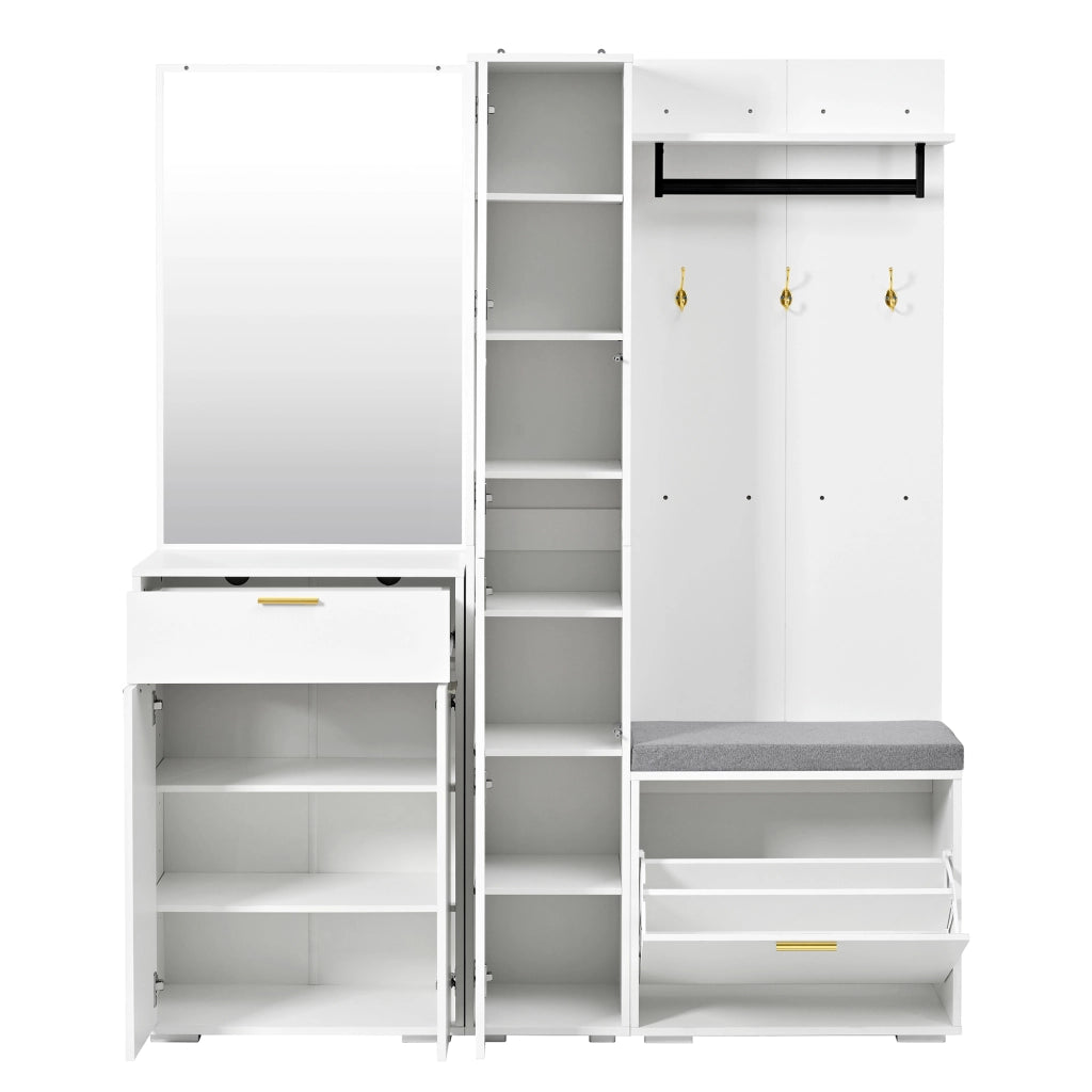 Mobile da ingresso con specchio e appendiabiti, 3 ante, scarpiera a ribalta, panca e cassetto, bianco, 150 × 36 × 180 cm