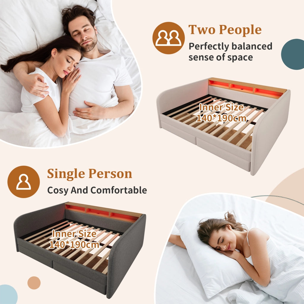 Letto imbottito 140 ¡Á 190 cm con testiera LED porte USB e Type-C due cassetti in lino beige chiaro senza materasso