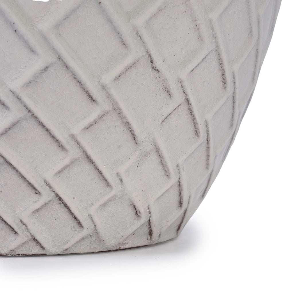 Grande Vaso da Fioriera in Ceramica Artigianale, 42 cm di Diametro × 54 cm di Altezza, Bianco Lucido con Motivo a Rombo, Traspirante e Resistente al Gelo con Fori di Drenaggio