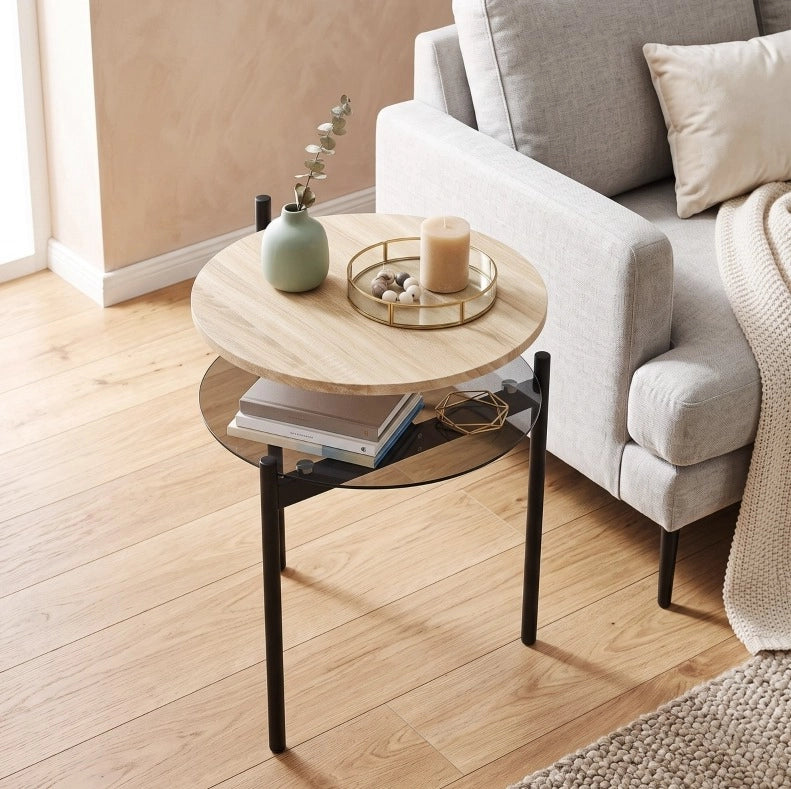 Tavolino laterale compatto 41;8x39;8x53;5 cm con ripiano in vetro color rovere HOMVRA