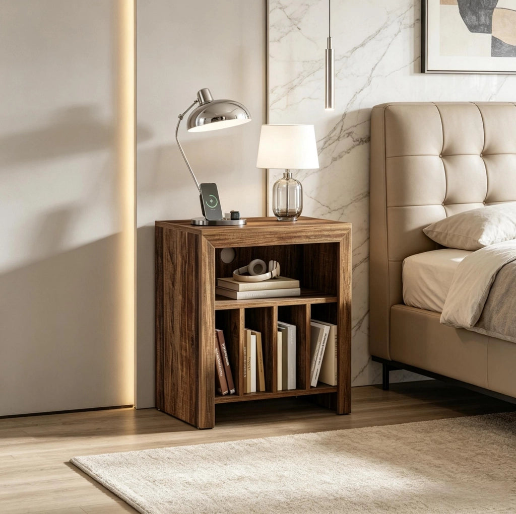 Supporto per giradischi in legno con ripiani aperti e divisori, comodino versatile per vinili e piccoli oggetti