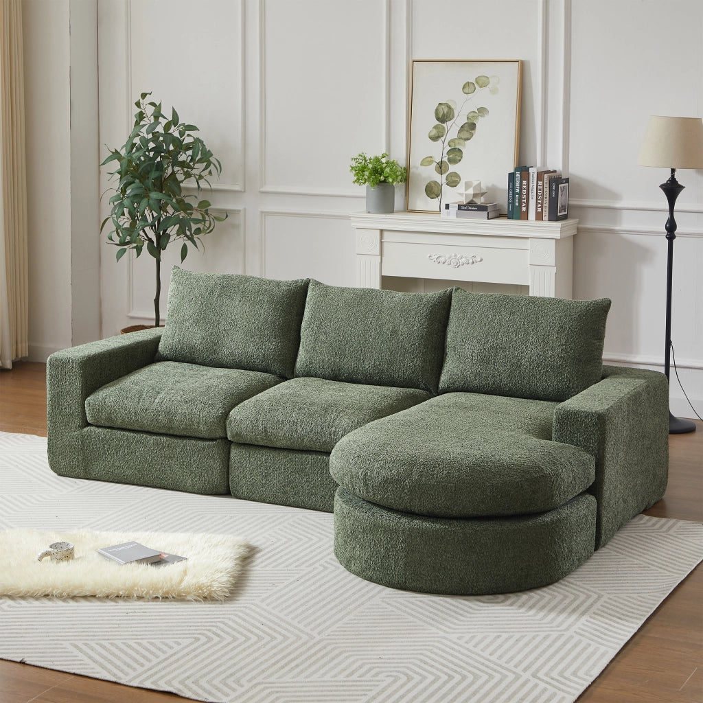Divano angolare modulare in ciniglia verde con chaise longue reversibile e cuscini 251 × 160 × 81 cm