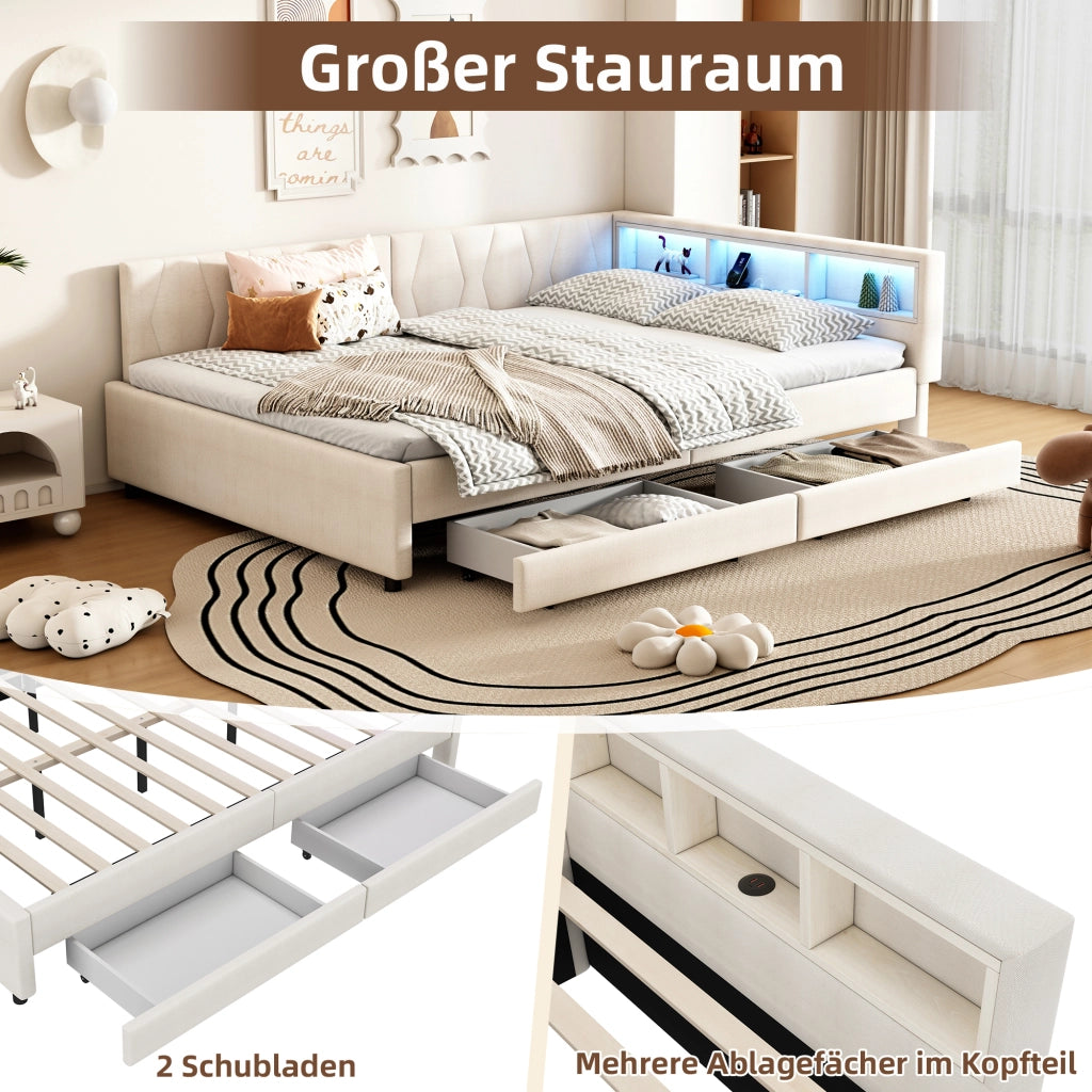 Letto matrimoniale 140×200 cm con LED; USB e Type C; cassetti e ripiani; senza materasso; lino e MDF; beige