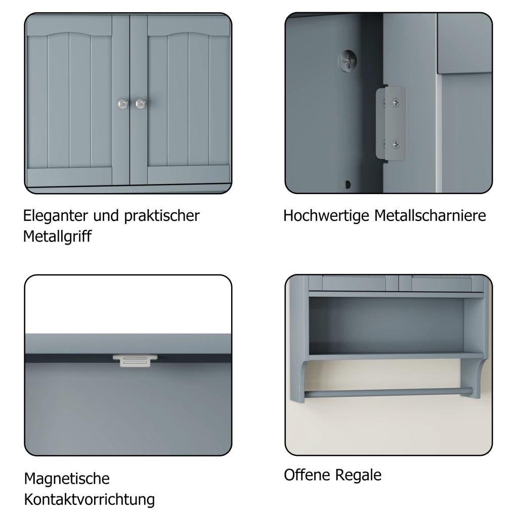 Mobiletto da bagno a muro con portasalviette, 2 sportelli e ripiani aperti in MDF grigio chiaro, 56,8 x 19 x 70 cm