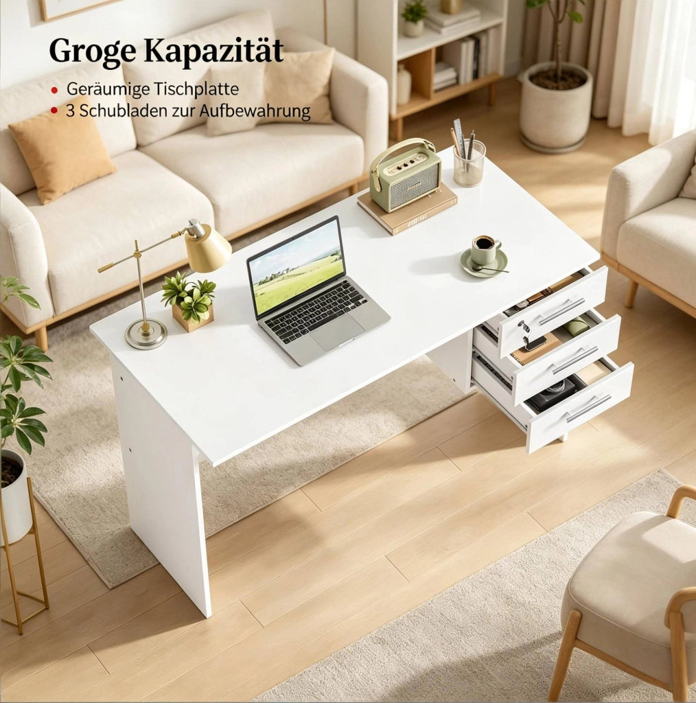 Scrivania da ufficio in legno bianco con 3 cassetti e piano di 120x60 cm