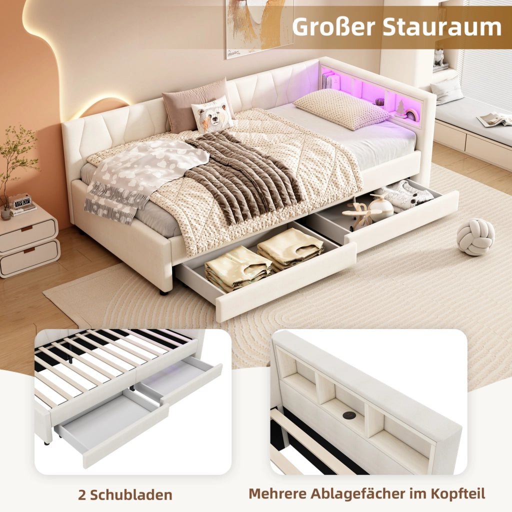 Letto da giorno 90x200 cm beige con LED, USB-C e cassetti