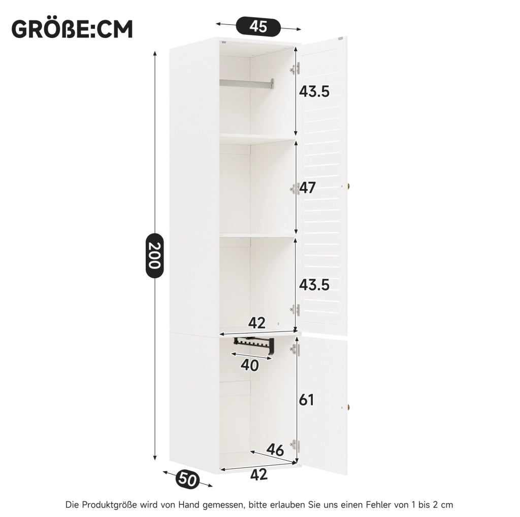 Guardaroba singolo con anta a lamelle, 45x50x200 cm, bianco, con 1 asta appendiabiti e 3 ripiani, design a battente
