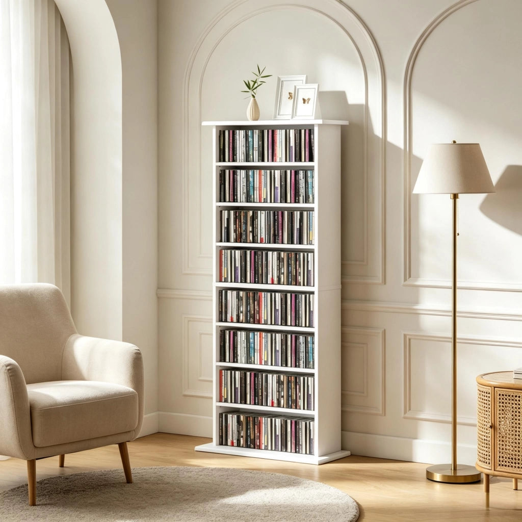 Mobile porta CD e DVD 58x24x126.3 cm con 6 ripiani regolabili in pannello di particelle bianco