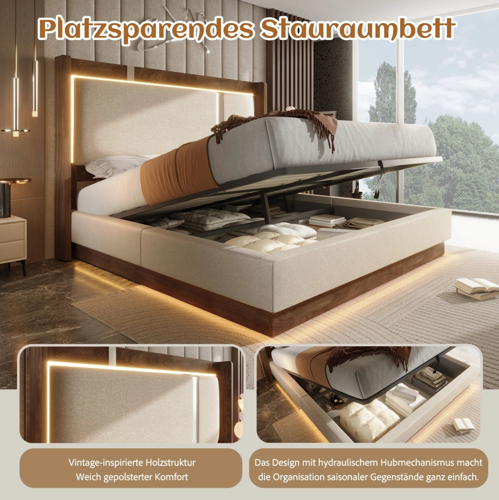 Letto matrimoniale 180x200 cm con contenitore idraulico e LED; in lino e legno; beige e noce