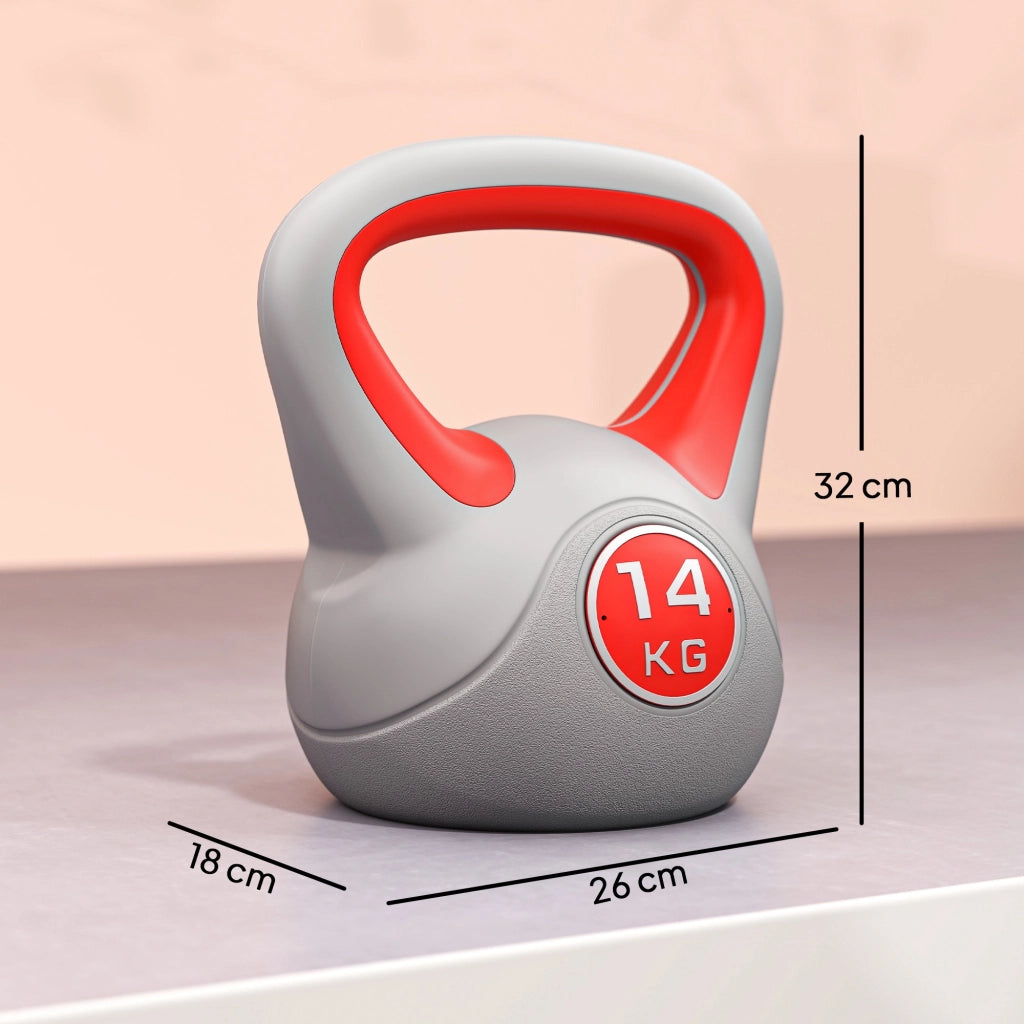 EasyComfort Kettlebell 14kg in PU e Sabbia con Base Piatta e Impugnatura per Stacchi, Squat e Sollevamenti, 26x18x32 cm, Rosso