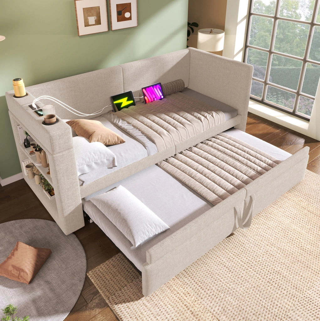Divano letto estraibile 90x200 cm beige con USB, Type-C, portabicchieri e ripiani