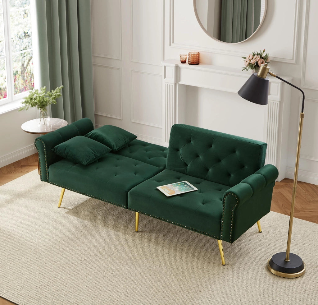 Divano letto 2 posti 173 x 75 x 70 cm con schienali regolabili; velluto; verde antico