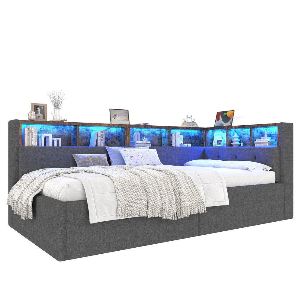 Letto Singolo Contenitore con LED ¨C MINIMAL ¨C Tessuto Grigio 90x200 Idraulico