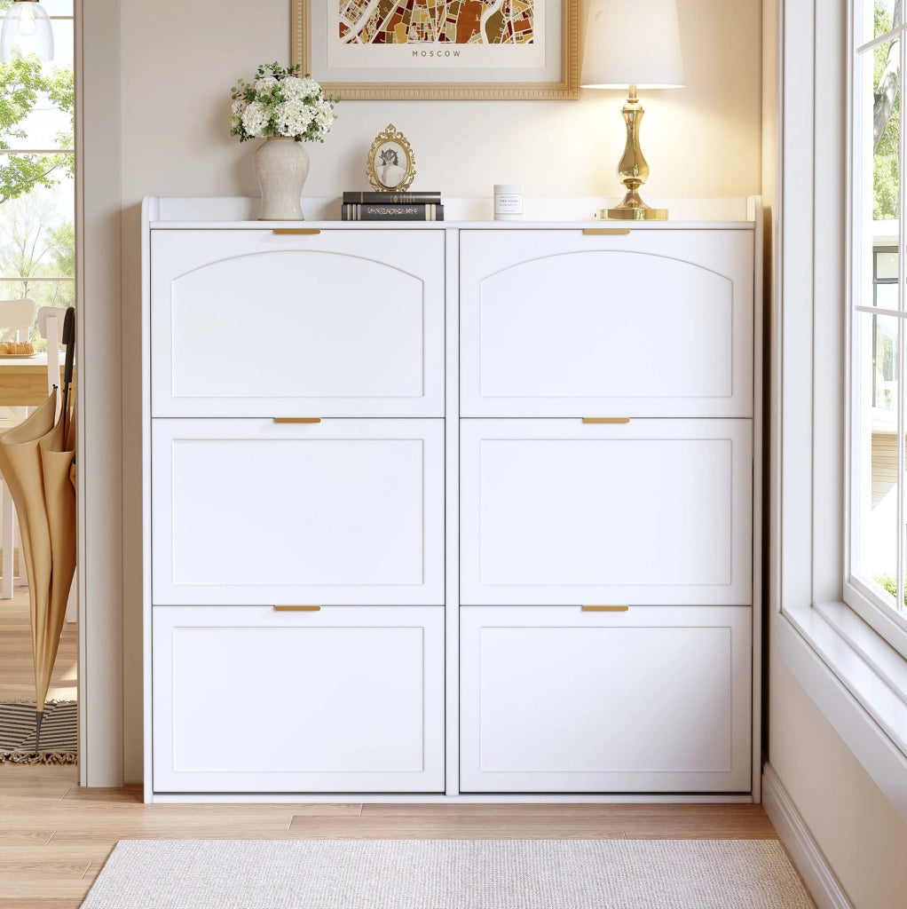 Scarpiera salvaspazio con 6 scomparti ribaltabili, mobile alto bianco 120x23x118 cm per ingresso e corridoio