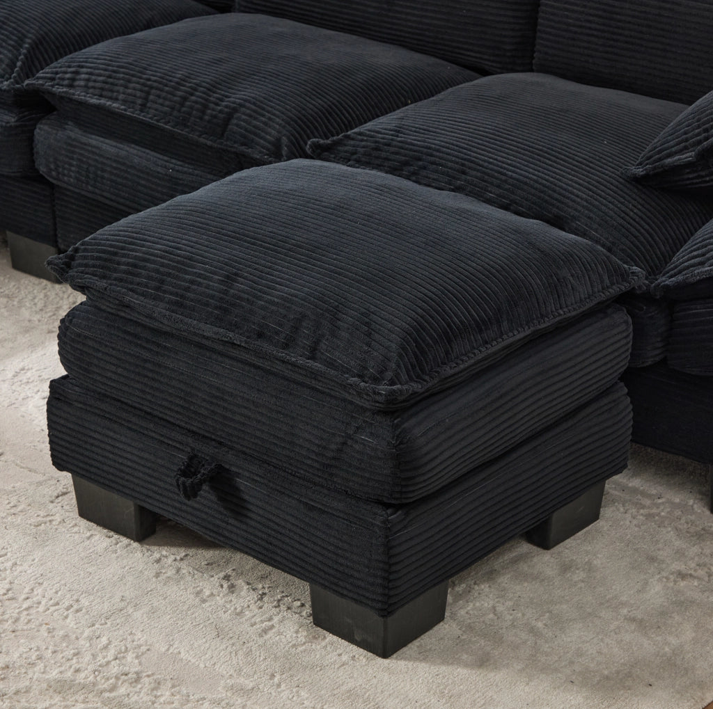 Divano 2 posti modulare in velluto a coste con pouf, struttura ergonomica, schiuma ad alta densità, USB-C, nero