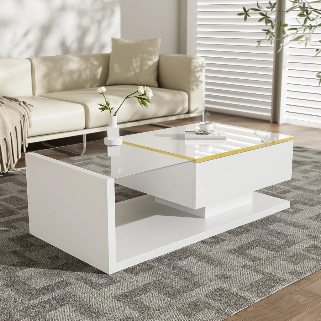 Tavolino basso fisso con vano contenitore e ripiani aperti vetro LED dimmerabile bianco 100 × 50 × 32.5 cm