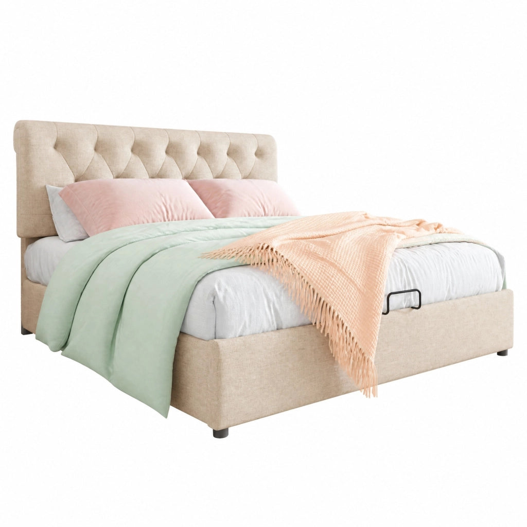 Letto contenitore 140x200 cm con testiera regolabile e materasso incluso; lino; naturale