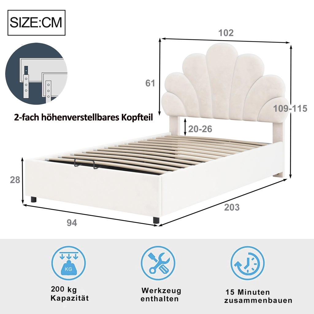 Letto singolo con contenitore 90 × 200 cm imbottito in velluto beige con testiera floreale e rete a doghe
