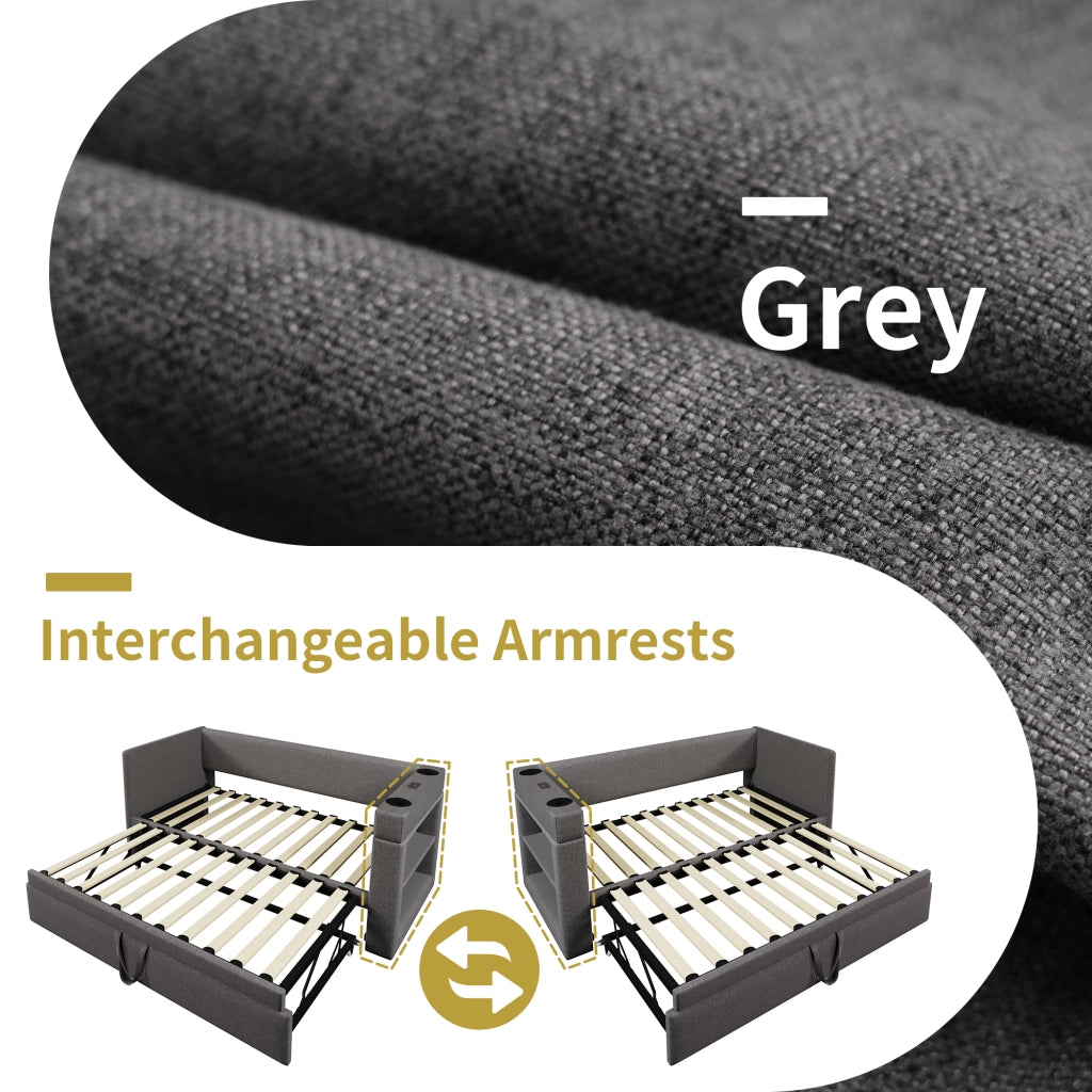 Letto con letto estraibile 90 × 190 cm con USB e Type-C portabevande braccioli reversibili cotone e lino grigio