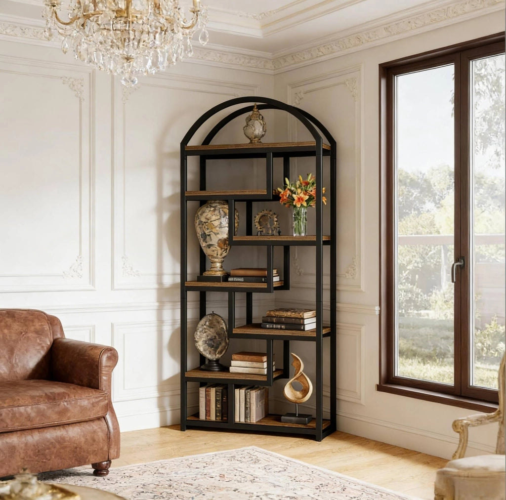Libreria 80x30x180 cm in MDF e metallo nero, 7 ripiani, salvaspazio