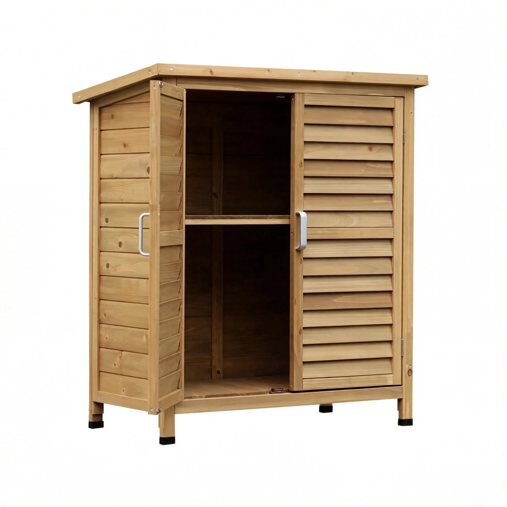 Armadio da esterno in legno di abete giallo con tetto impermeabile, 87x46,5x96,5 cm, spazio per attrezzi da giardino