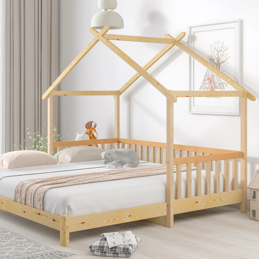 Letto a casetta 90 × 200 cm estensibile fino a 180 × 200 cm con sponde su tre lati in legno di pino naturale