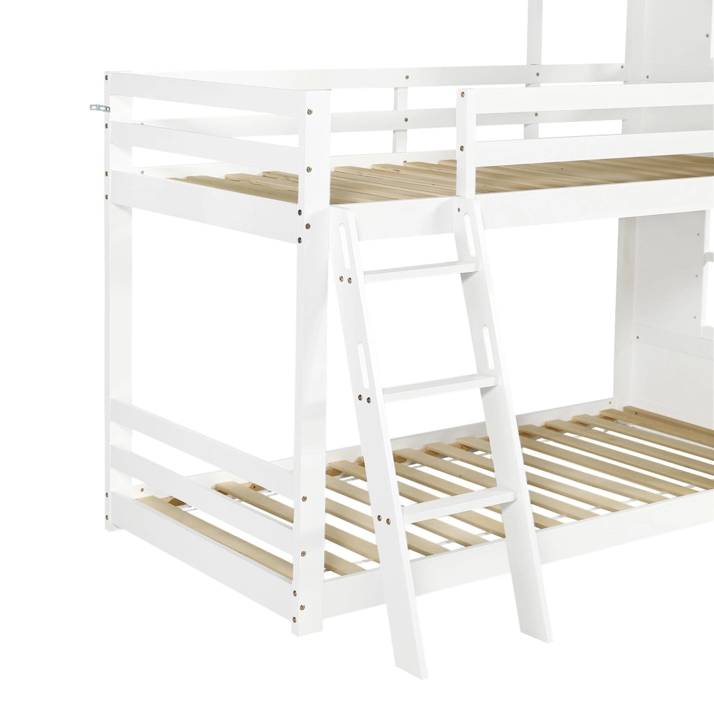 Letto a castello per bambini 90x200 cm con lavagna e scala inclinata in pino bianco