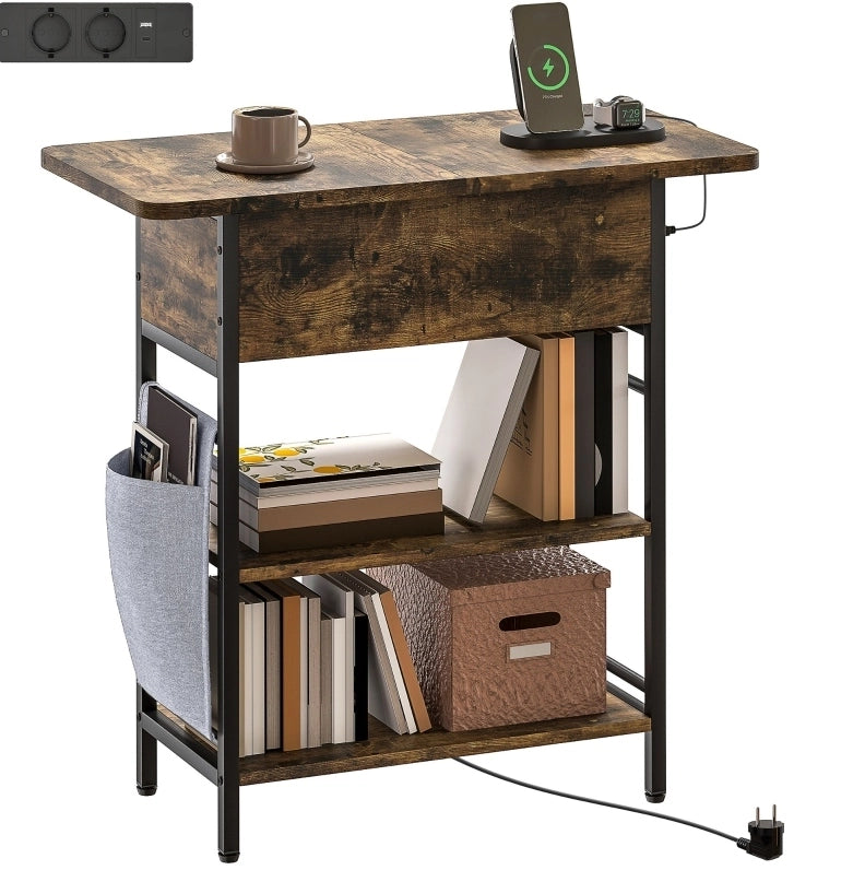 Tavolino Laterale con Prese e Porte USB, 2 Ripiani, 60x29,8x58,5 cm, Marrone Rustico