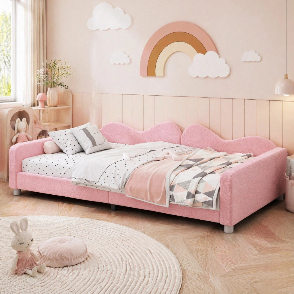Letto per bambini imbottito rosa con schienale e braccioli struttura a doghe in legno portata 120 kg